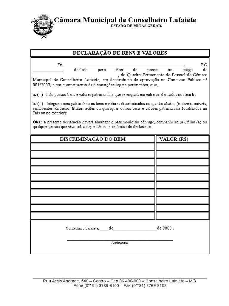 Declaracao de Bens e Valores | PDF