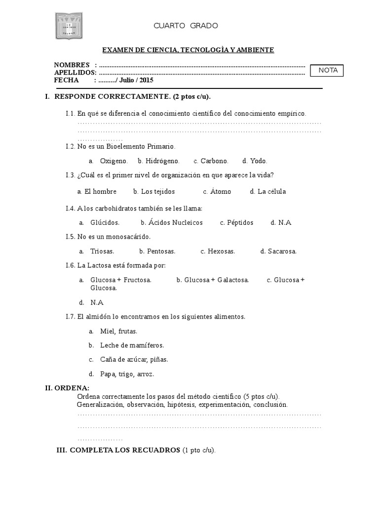 Examen de Ciencia para Cuarto Grado | PDF | Ciencia y matemáticas ...