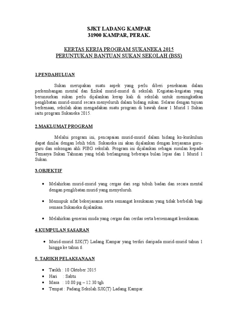 Kertas Kerja Program Sukaneka 2015 Peruntukan Bantuan Sukan Sekolah Bss