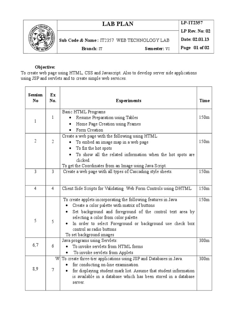 Web Technology Lab Plan IT2357 | PDF | Business | Technology & Engineering