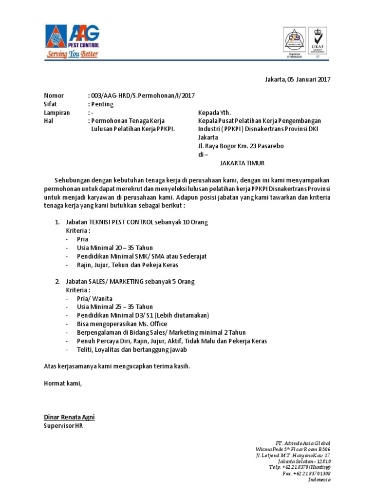 Surat Permintaan Tenaga Kerja Kepada Pelatihan Kerja Ppkpi 2