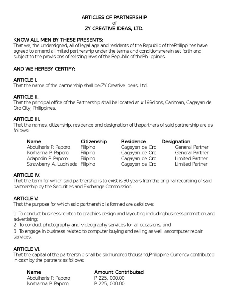 Partnership articles of organization picture