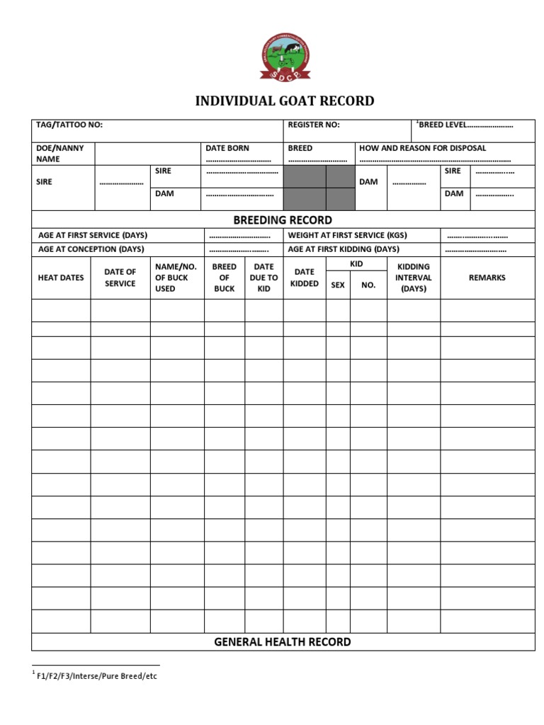 Individual Dairy Goat Record Card