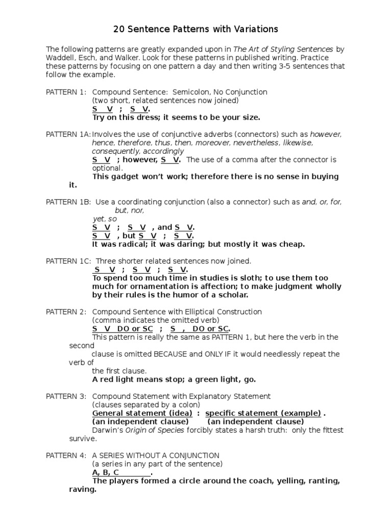20 Sentence Patterns Reference Sheet PDF Sentence Linguistics Object Grammar 