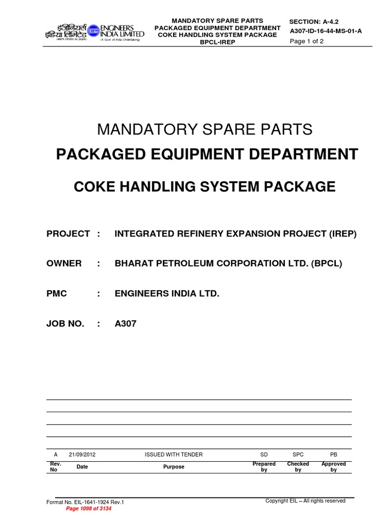 Mandatory Spare Parts Packaged Equipment Department PDF