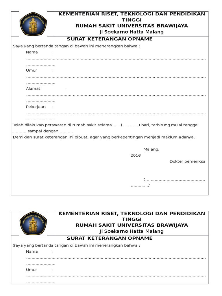 Contoh Surat Keterangan Opname
