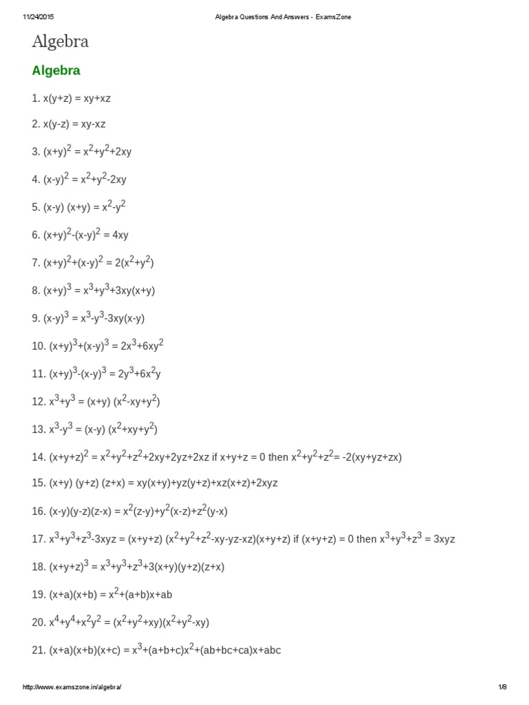 Algebra Formulas Pdf Pdf