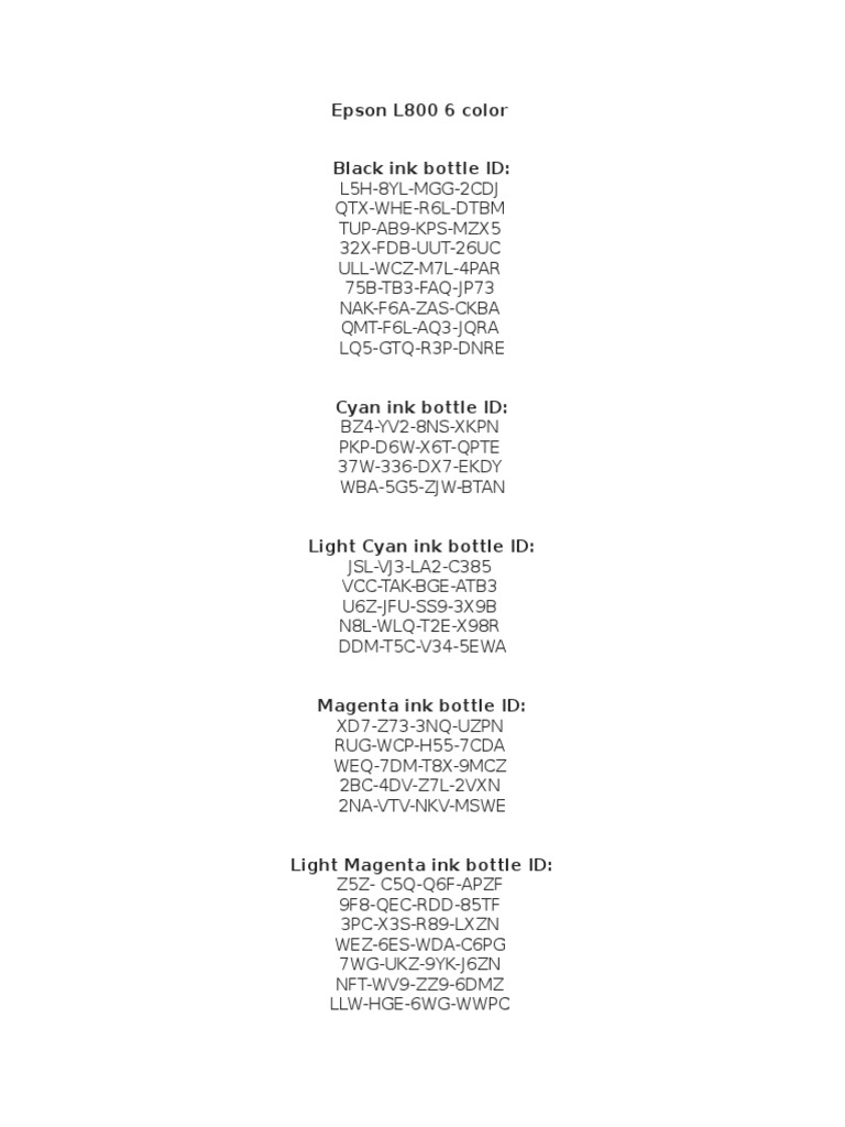 Codigos de Tinta de La Epson L800 | PDF