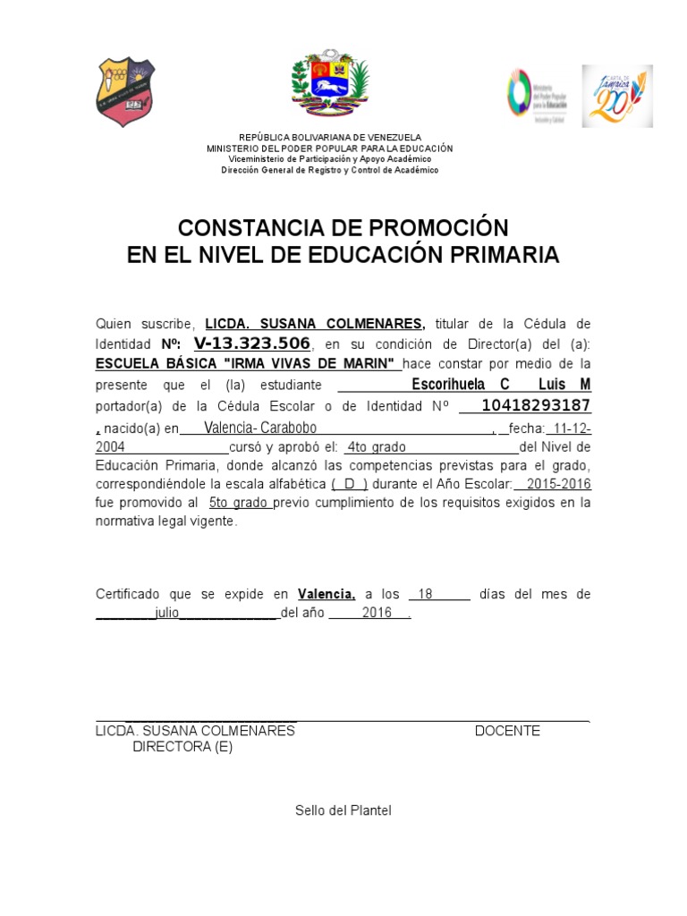 Certificado de Promoción Escolar | PDF | Educación primaria | Venezuela