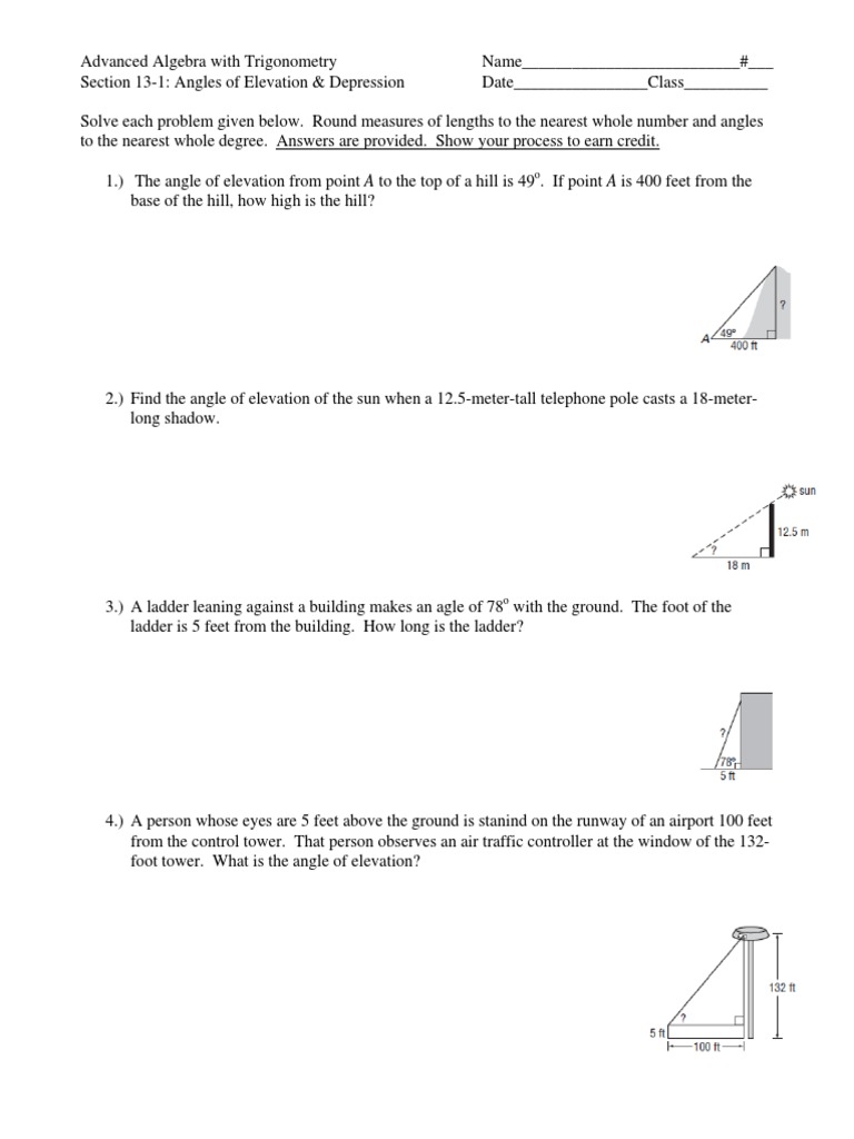 Worksheets Angle Of Elevation And Depression Worksheet angles of elevation depression worksheet