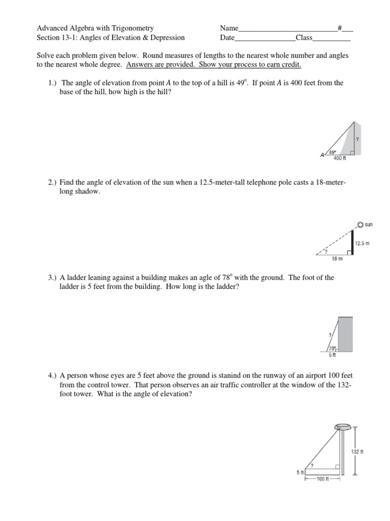 Angles of Elevation Depression Worksheet | PDF | Teaching Mathematics