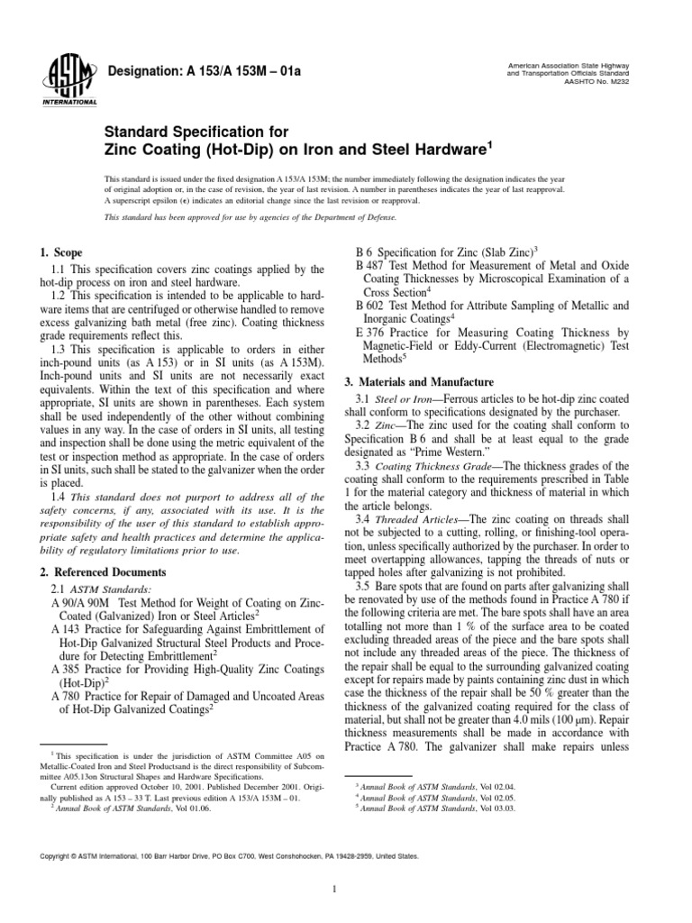 ASTMA 153a153m01a Standard Specification For Zinc Coating (HotDip