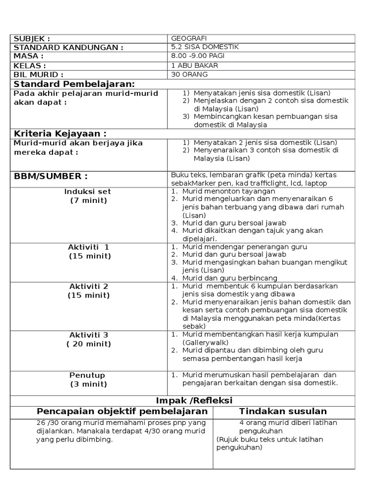 RPH Geografi Ting 1 Sisa Domestik  PDF