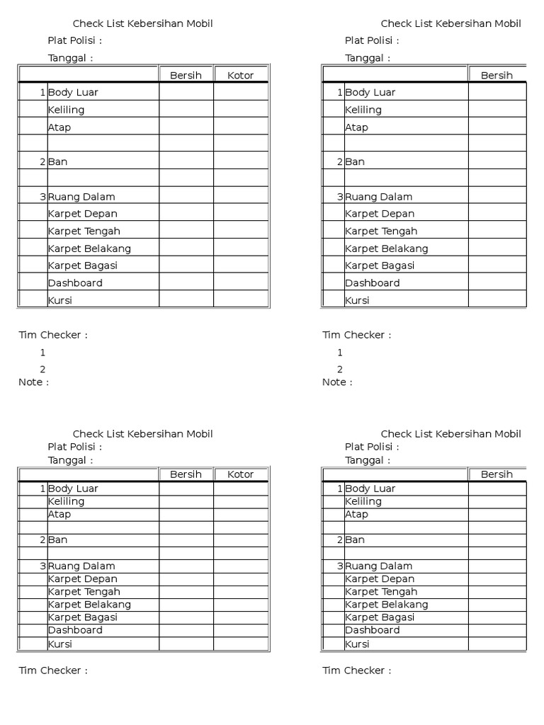 Checklist Kebersihan Mobil Roda 4 | PDF | Teknologi & Rekayasa