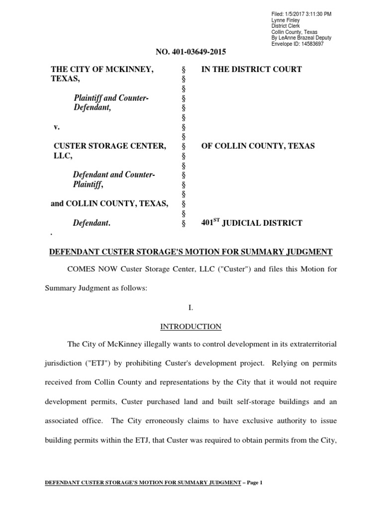 Defendant Custer Storage's Motion For Summary Judgment Download Free