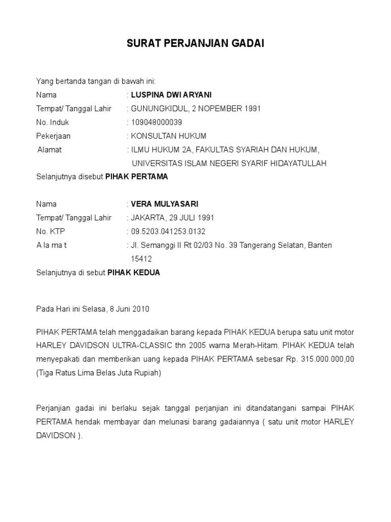 Contoh Surat Gadai Motor Sederhana - Surat 0