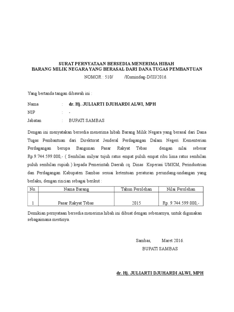 Format Surat Pernyataan Bersedia Menerima Hibah Kab Sambas Contoh surat pernyataan bersedia menerima hibah agustus 2015 2015.