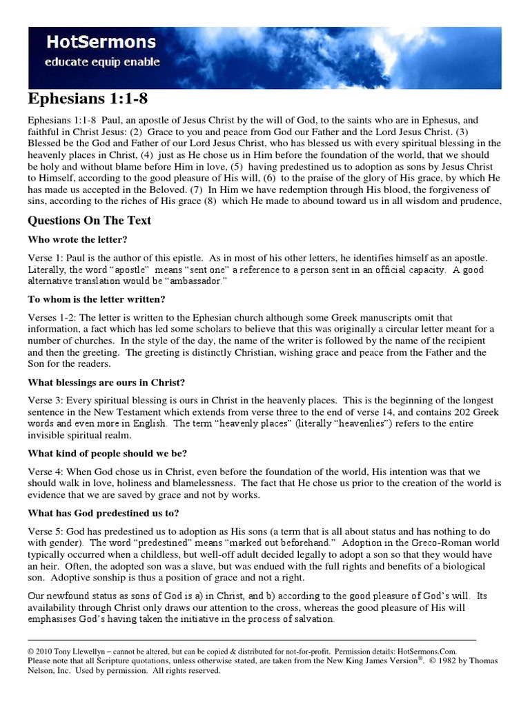 Ephesians 1:1-8 Expository Study Guide | PDF | Grace In Christianity | Salvation