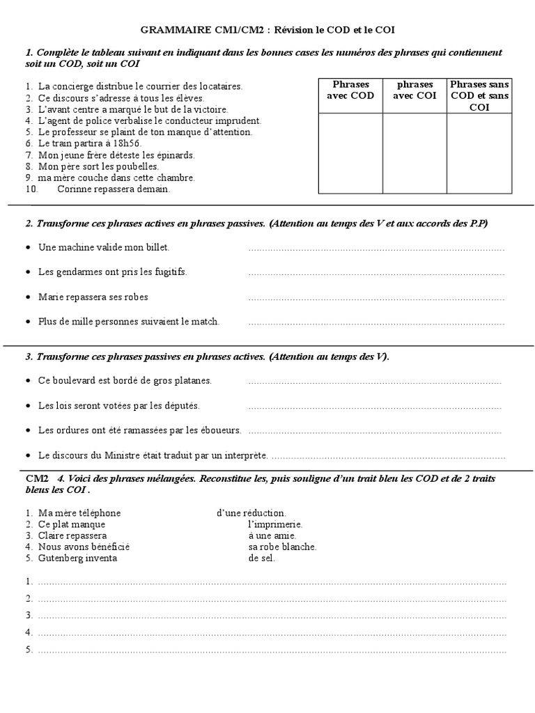 Exercices COD et COI pour CM1/CM2 | PDF | Méthodes et références ...