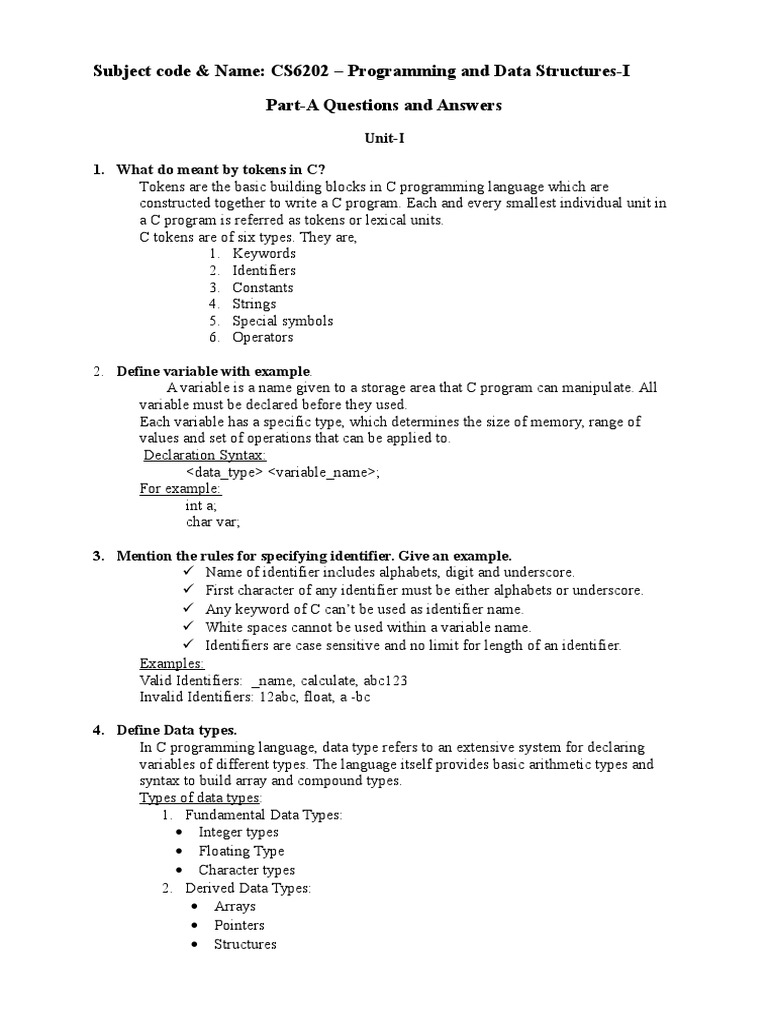 Unit-1 Questions & Answers | PDF | C (Programming Language) | Pointer ...