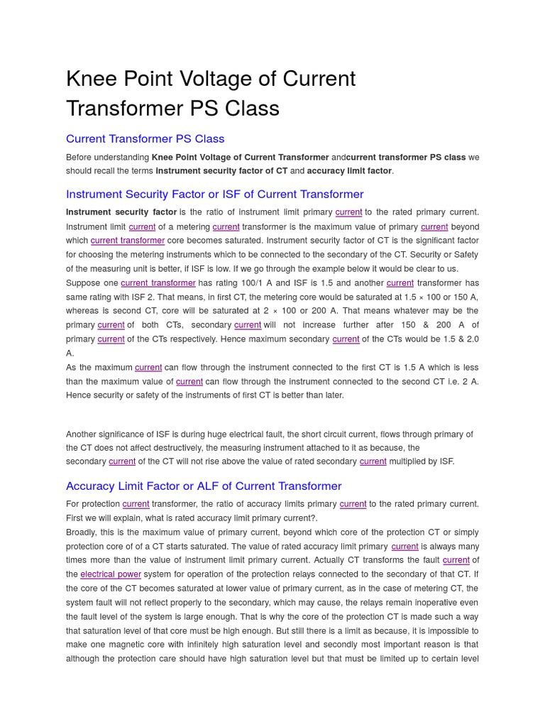 Knee Point Voltage of Current Transformer PS Class PDF Transformer Electric Current
