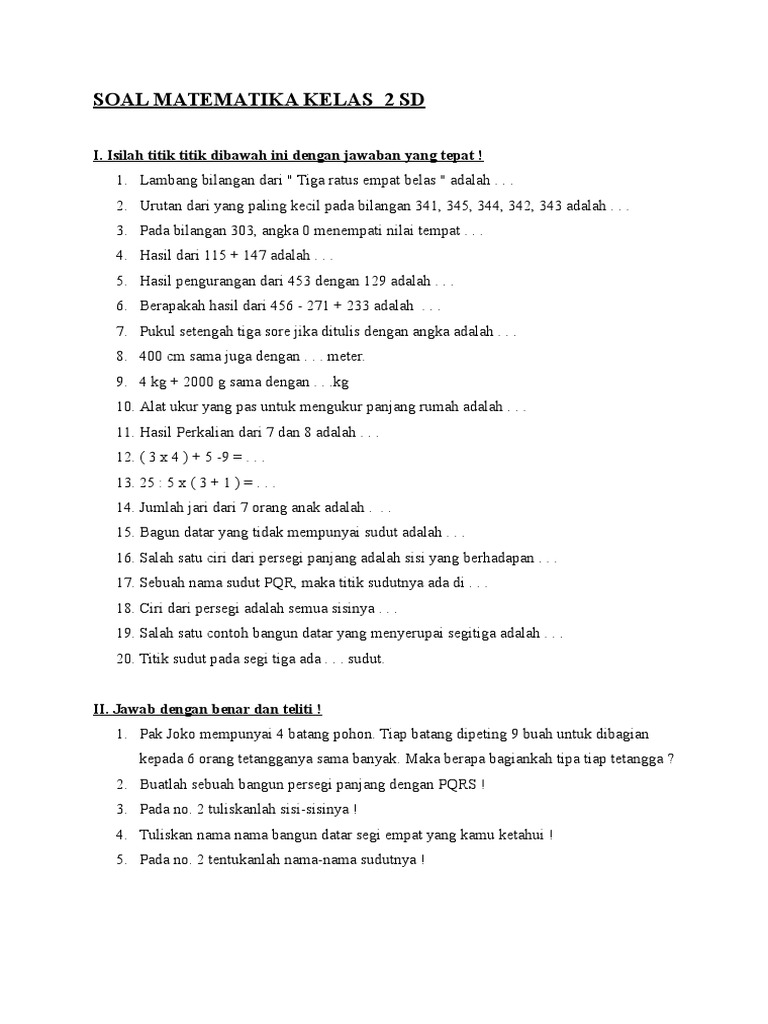 Soal Matematika Kelas 2 Sd Pdf