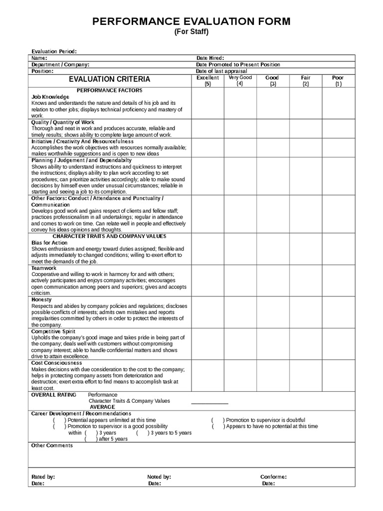 Performance Evaluation Form Staff Pdf Performance Appraisal Evaluation