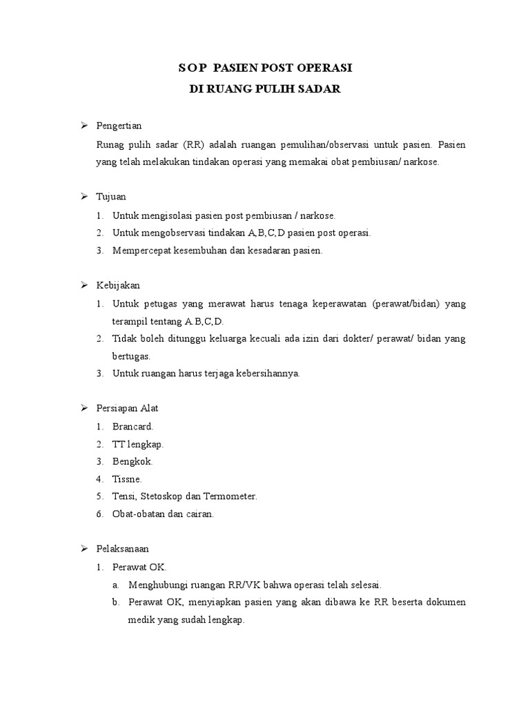 Sop Pasien Post Operasi