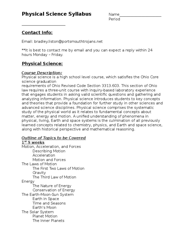 High School Physical Science Syllabus | PDF | Physics | Science