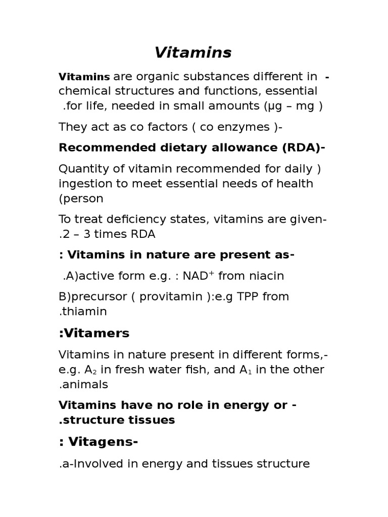 Vitamins Dietary Allowance (RDA) PDF Nicotinamide