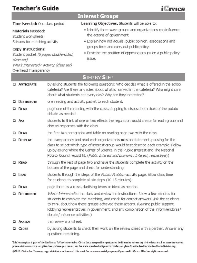 Interest Groups: (5 Pages Double-Sided Class Set) Who's Interested? (Class  Set) | PDF | Lobbying In The United States | Advocacy Group