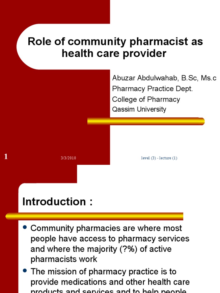 Role of Community Pharmacist As Health Care Provider | PDF | Pharmacy ...
