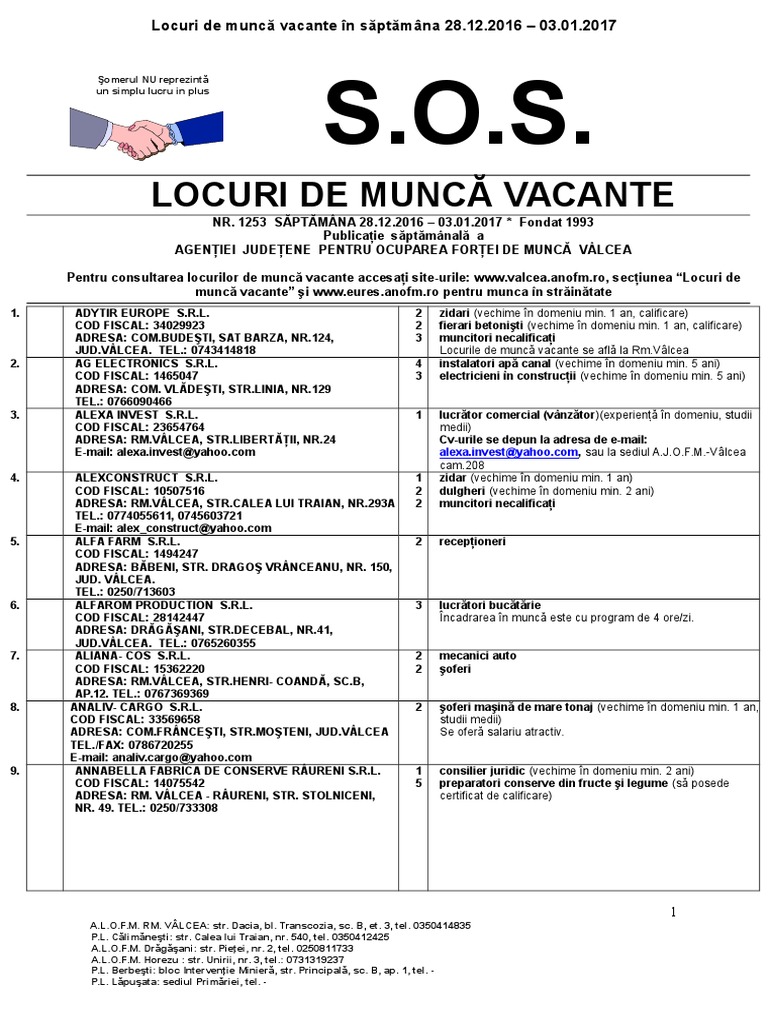 Locurile de Muncă Vacante Se Află La RM - Vâlcea | PDF
