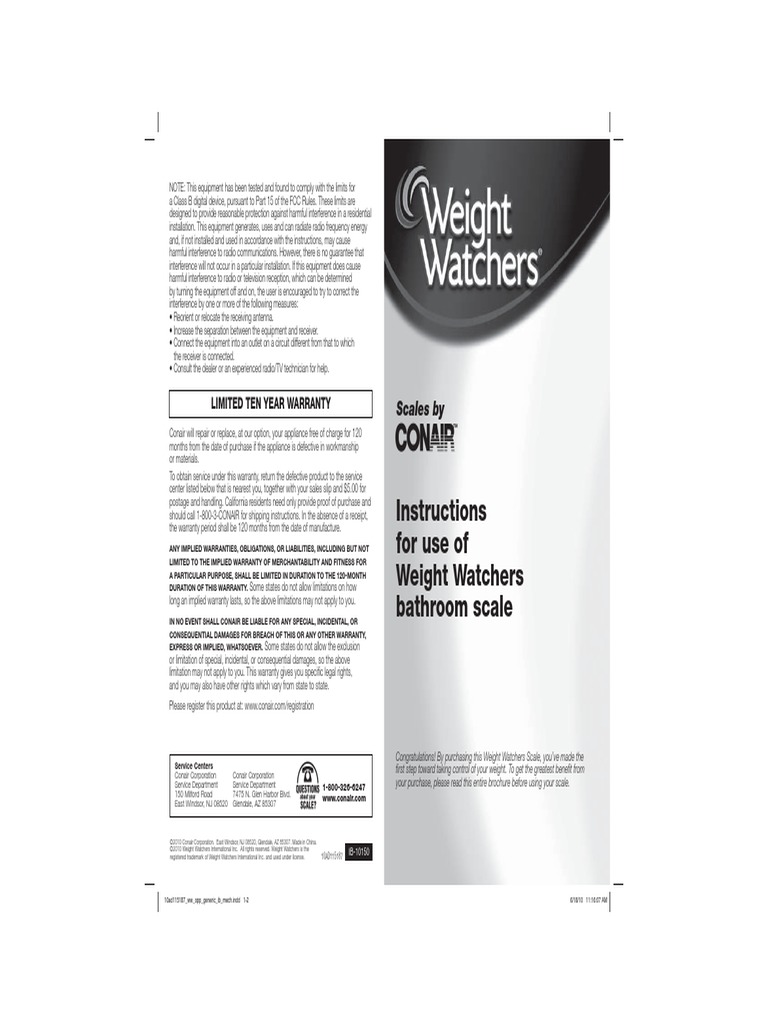 Instructions For Use of Weight Watchers Bathroom Scale: Scales by ...