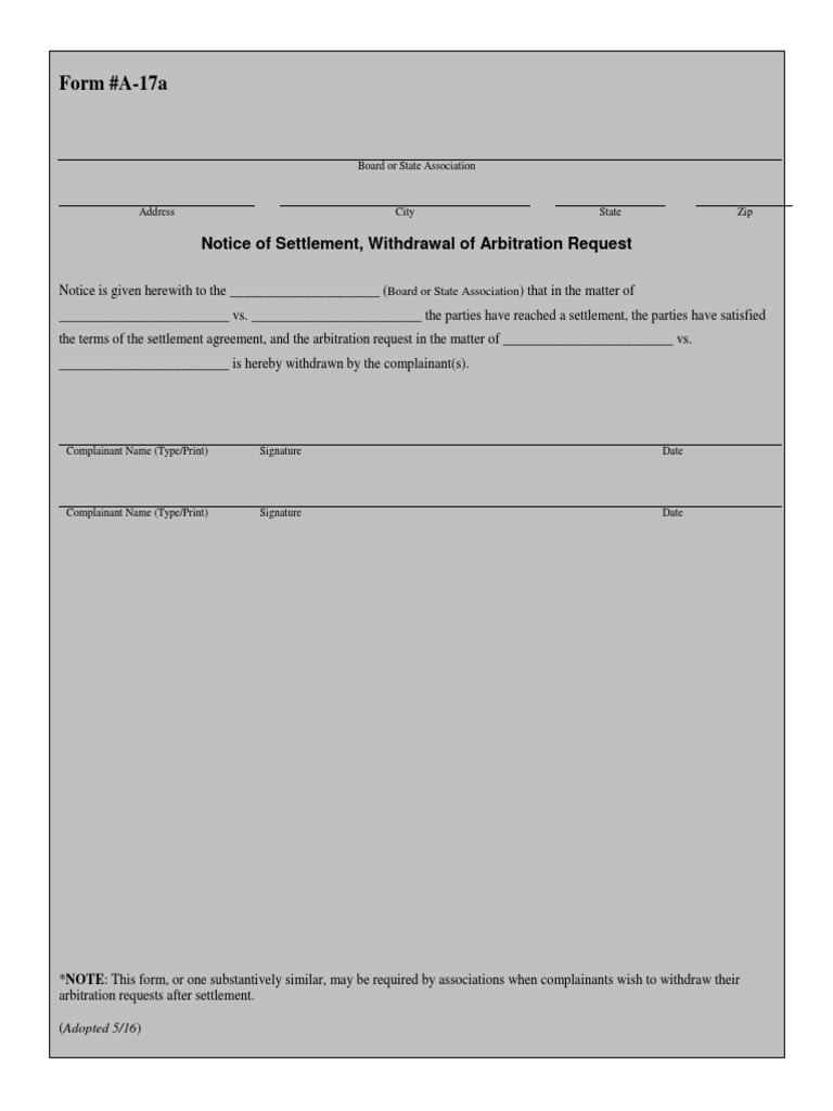 Form #A-17a: Notice of Settlement, Withdrawal of Arbitration Request | PDF