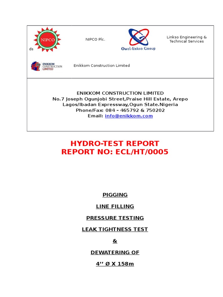 Hydro-Test Report Report No: Ecl/Ht/0005 | PDF | Pipeline Transport | Leak