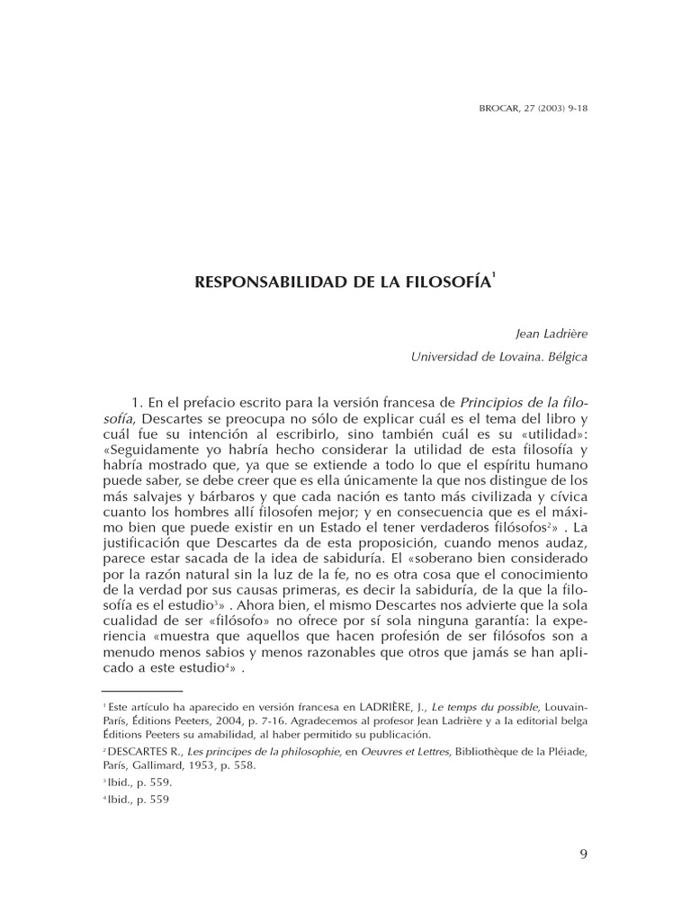 Responsabilidad de La Filosofía, Ladriere PDF Verdad Conocimiento