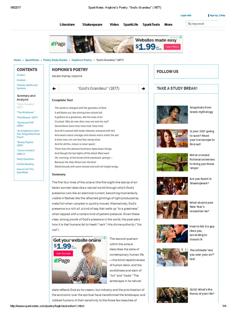 Sparknotes Hopkins S Poetry God S Grandeur 1877 Sonnets