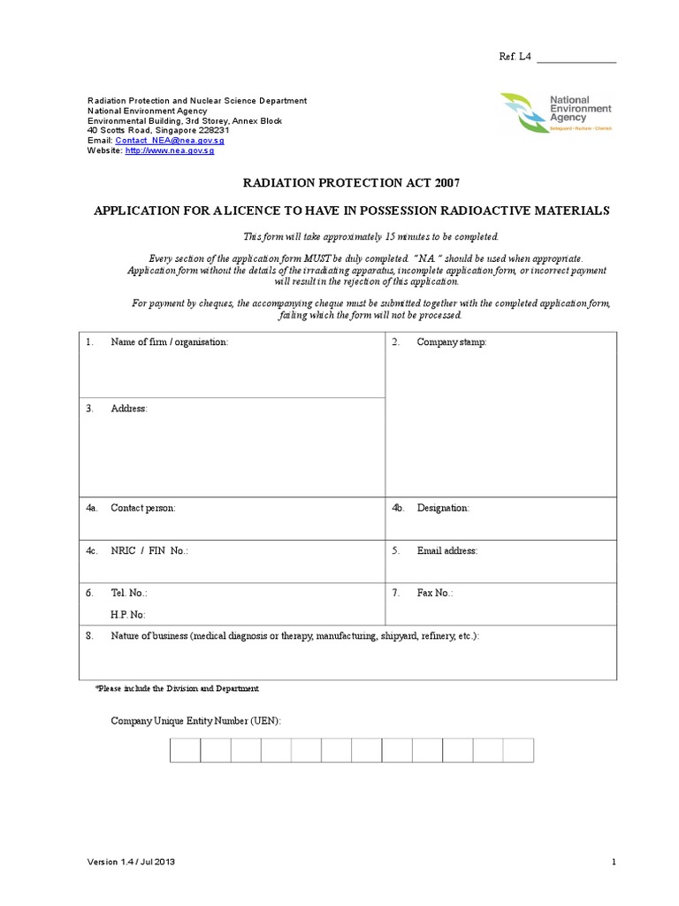 Radiation Protection Act 2007 Application For A Licence To Have in