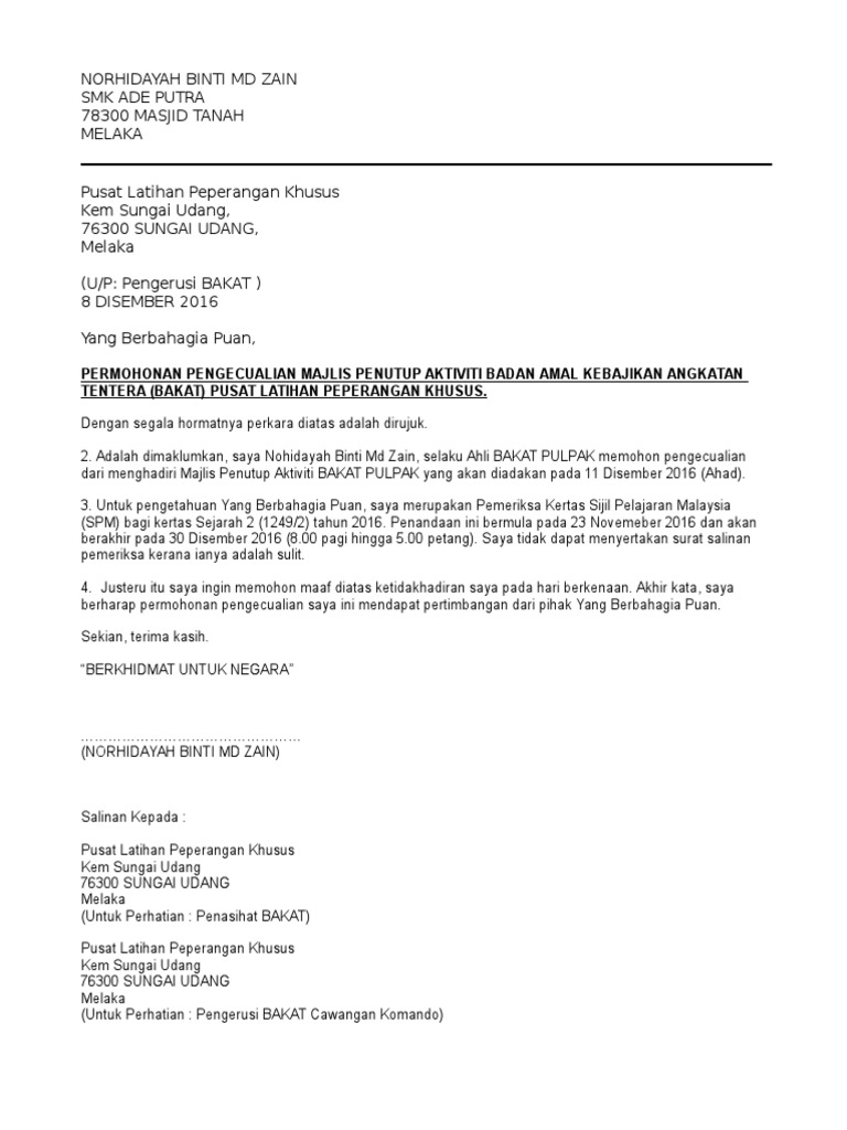 Contoh Surat Pelepasan Menghadiri Kerja