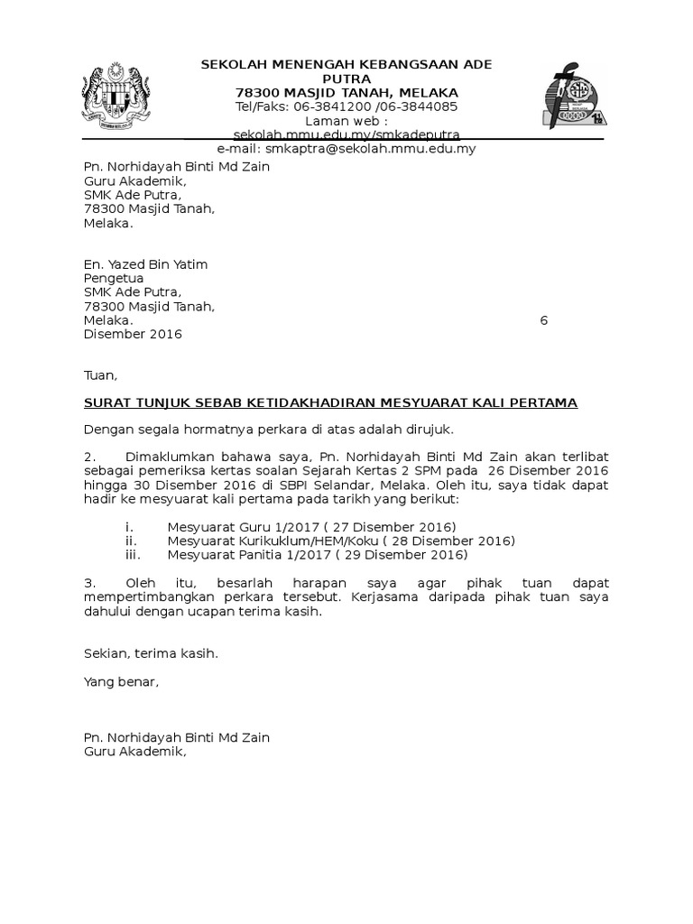 Surat Tunjuk Sebab Tidak Hadir Meyuarat