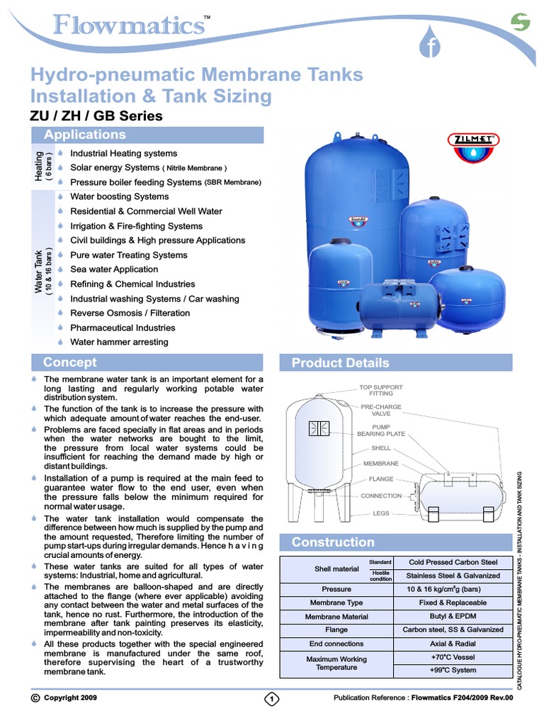 Installation and Tank Sizing Hydropneumatic Membrane Tanks Membrane