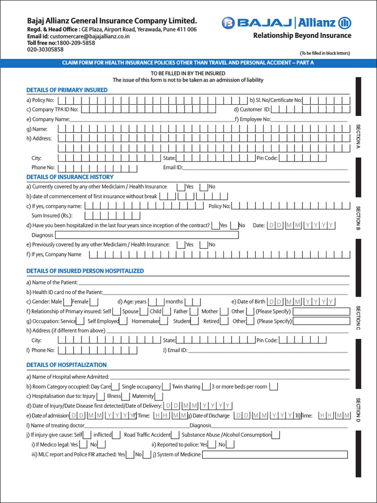 Bajaj Allianz Health Insurance Claim Form | PDF | Cheque ...