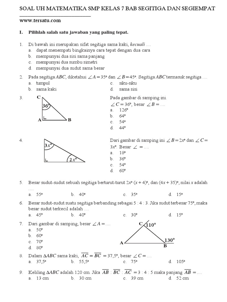 Soal Uh Mtk Smp Kelas 7 Bab Segitiga Dan Segi Empat