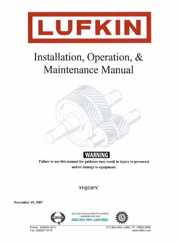 Lufkin Gear O & M Manual Nvq2207c IOM | Gear | Bearing (Mechanical)