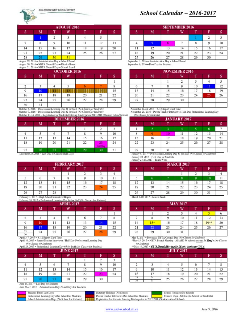 Asd W School Calendar 2016 2017 Colored PDF