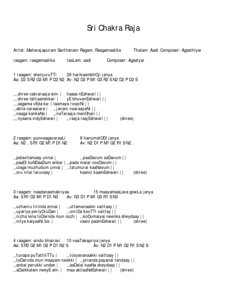 Sri Chakra Raja Lyrics English sri chakra raja lyrics english