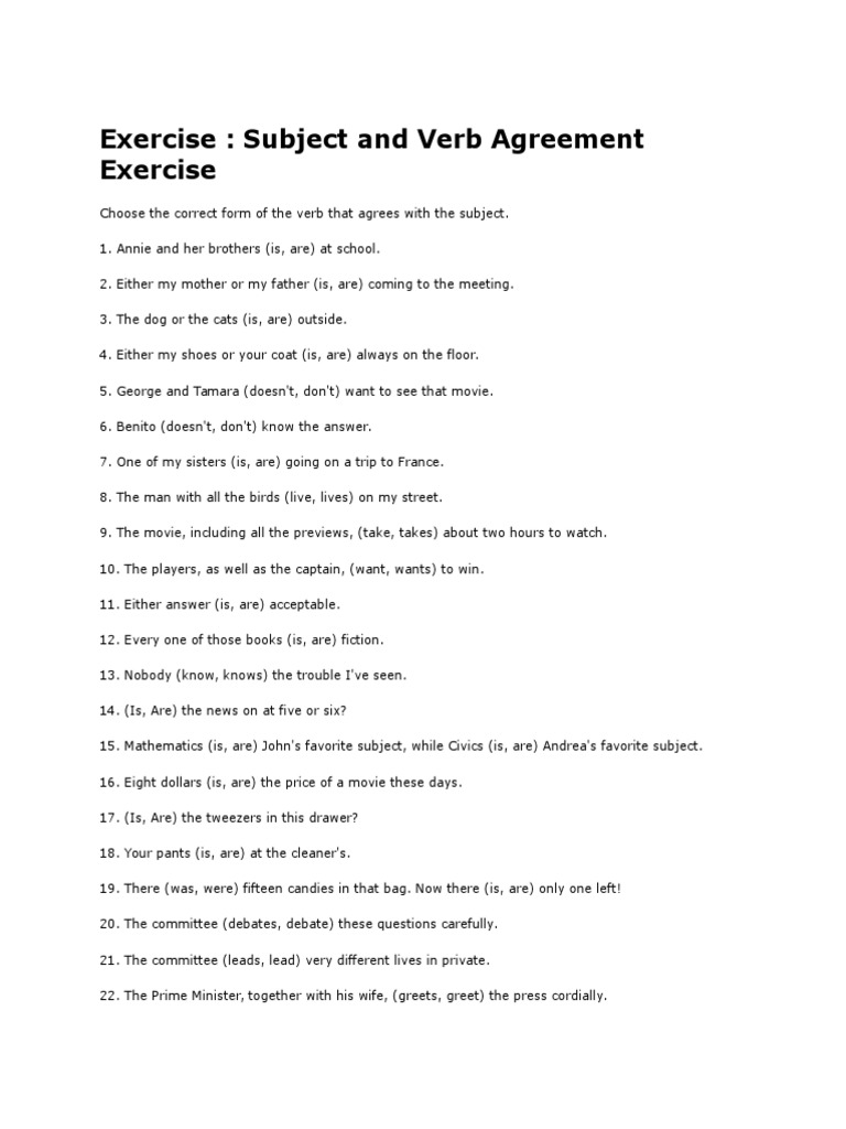 Exercise Subject Verb Agreement | Grammatical Number | Morphology