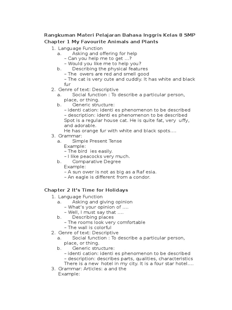 Rangkuman Materi Pelajaran Bahasa Inggris Kelas 8 SMP