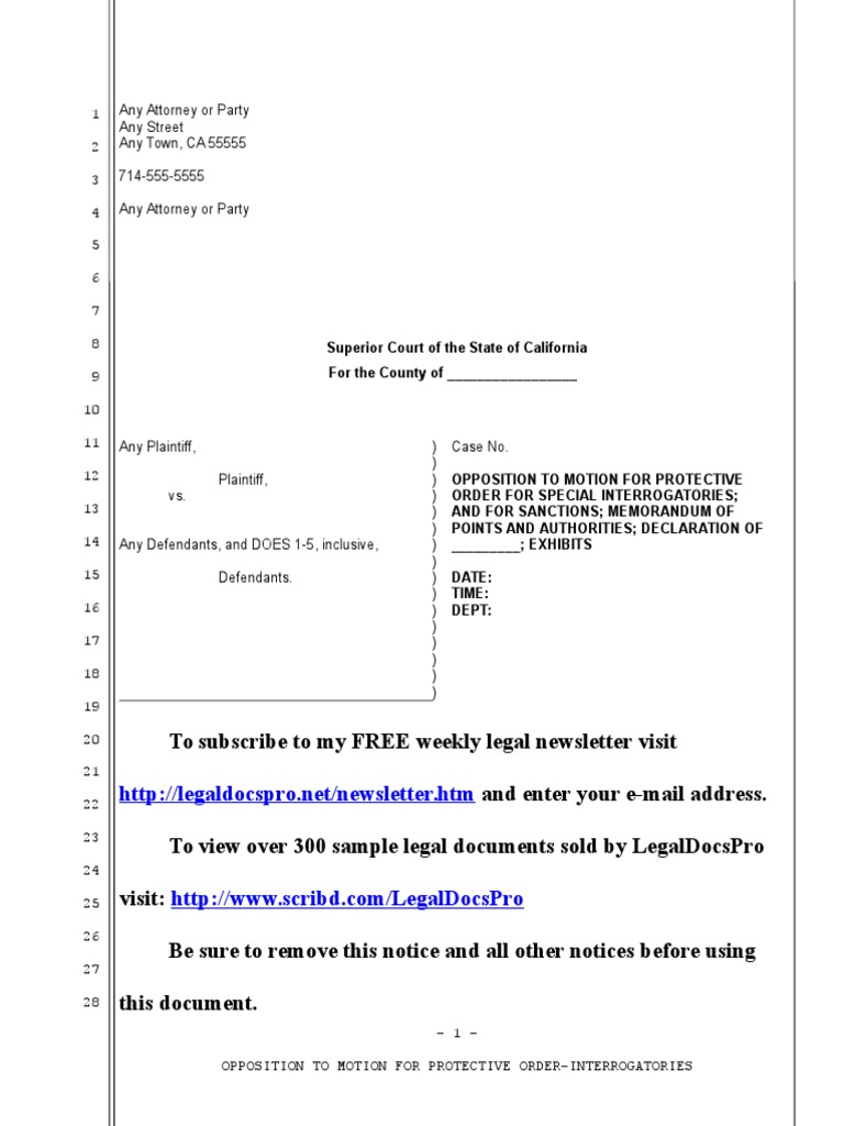 Sample Opposition To Motion For Protective Order For Interrogatories in